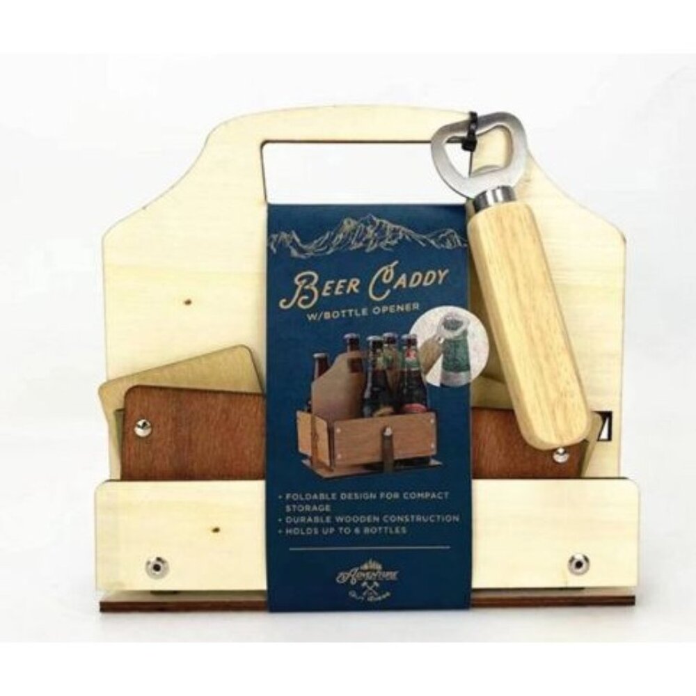 Beer Caddy With Wooden Handle Bottle Opener - Foldable Wooden Construction Holds